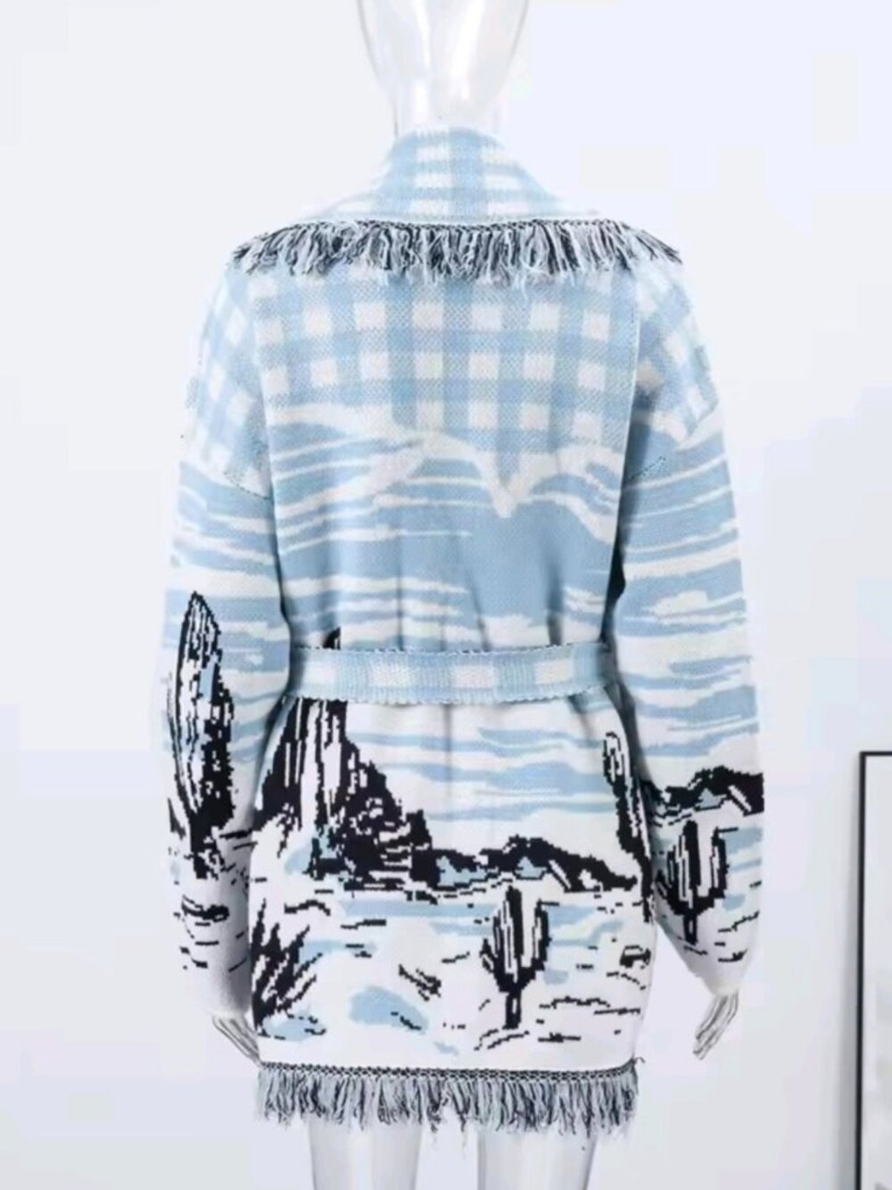 Vintage Jacquard Print Knit Fringe Cardigan Women Lapel Lace Up Loose Long - Picture 5 of 10